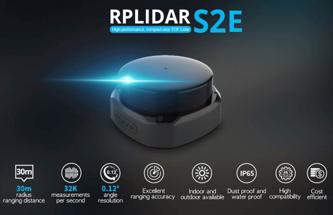 RPLiDAR S2E 360°レーザースキャナー（範囲30 m、電源12 V）