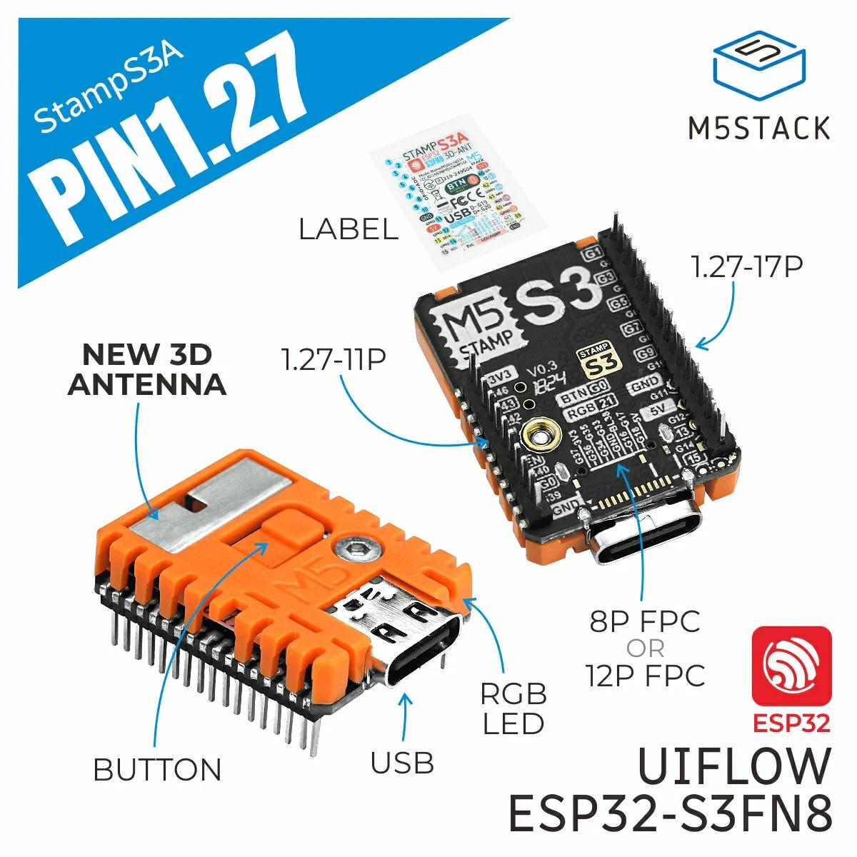 M5StampS3A （1.27mmピッチピンヘッダ実装済） — スイッチサイエンス