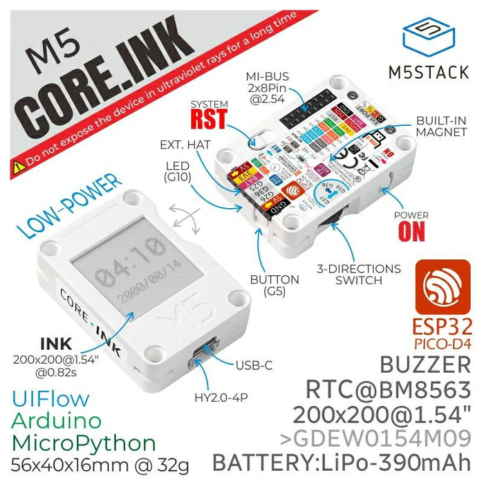 M5Stack CoreInk 開発キット（1.5インチ Einkディスプレイ）